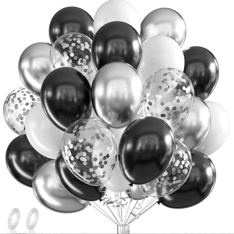 Balloon Pump Hand - 42 adet Gümüş Siyah Beyaz Konfeti
